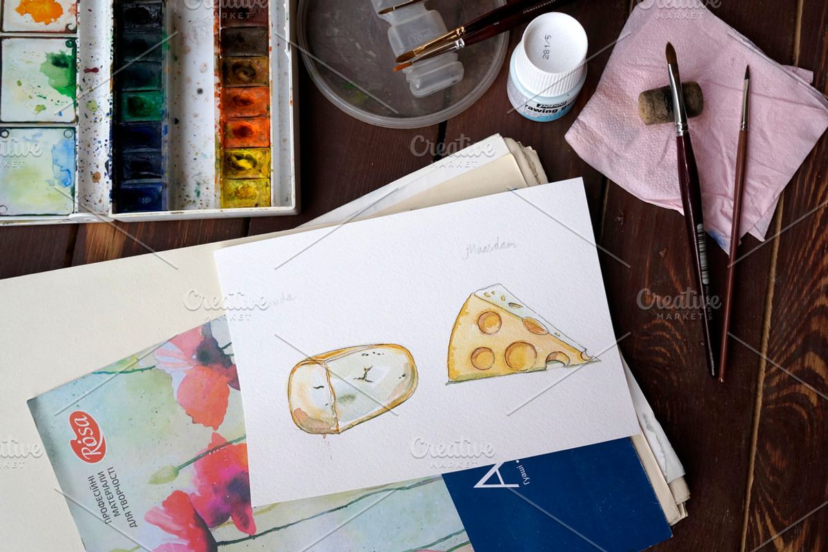 Watercolor cheese vector set, a Food Illustration by miminoshka (Photo 4 of 10)
