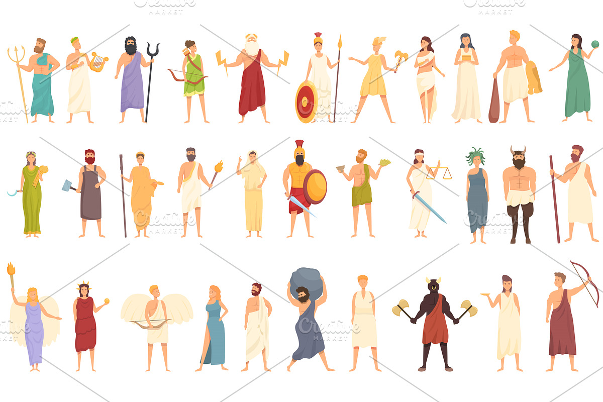 Greek mythology icons set cartoon, a Person Illustration by Ylivdesign