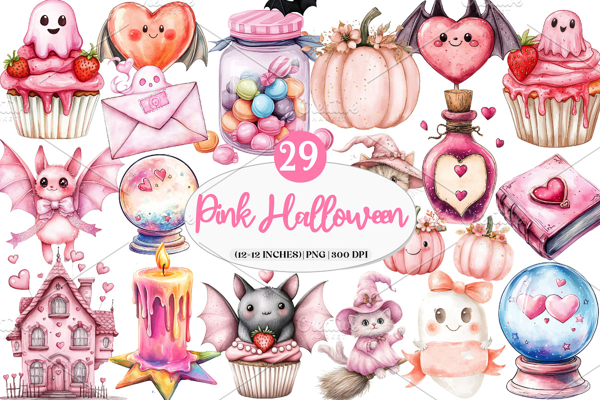 Charm Pink Halloween Clipart, an Illustration by Watercolor design (Photo 1 of 5)