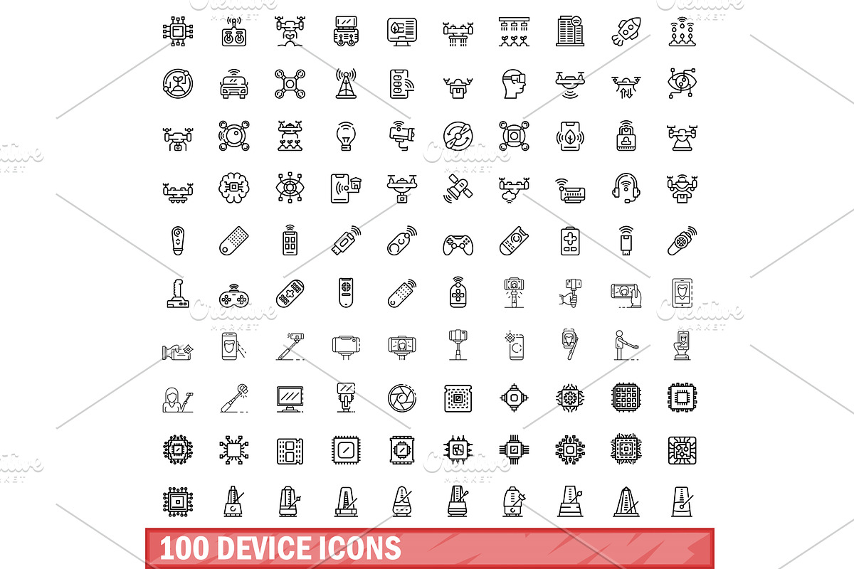 100 device icons set, outline style, an Object Illustration by Ylivdesign