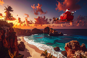 Santa Claus flying over beach rocky landscape, a Holiday Photo by DanFLCreativo