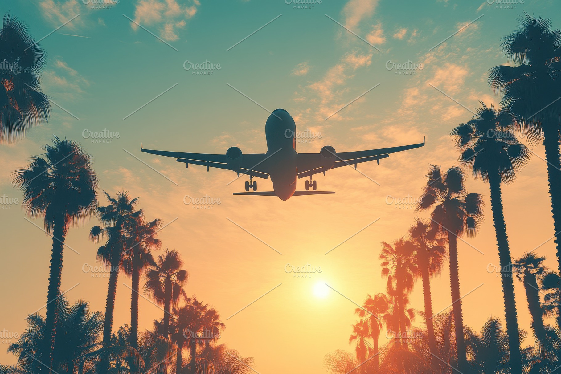 Plane soaring through a sunset sky, a Photo by Pavel_design