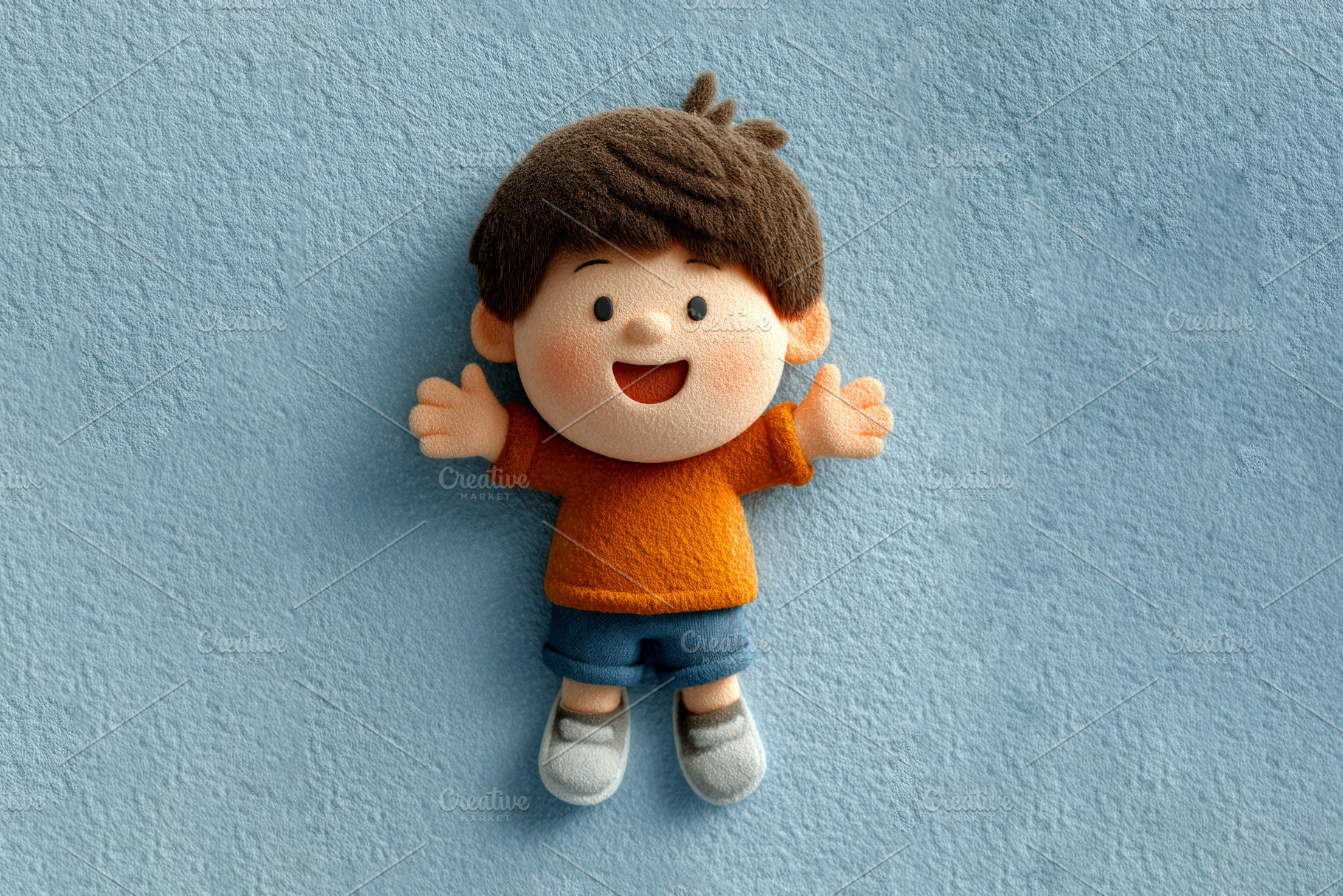 Cute plush-style boy character with orange sweater, blue shorts,, a Person Photo by José Manuel Gelpi
