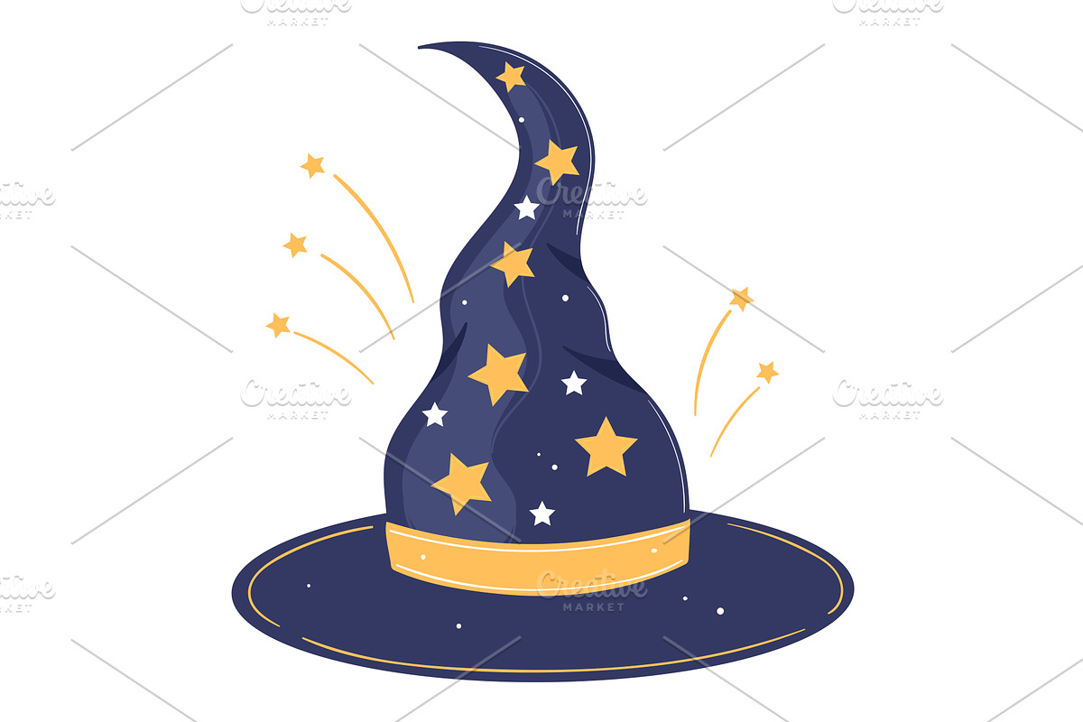 Navy blue wizard hat with golden, an Object Illustration by seahorsevector