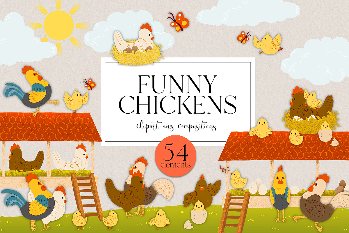 Funny chickens farm clipart, an Animal Illustration by LukaJreym (Photo 1 of 7)
