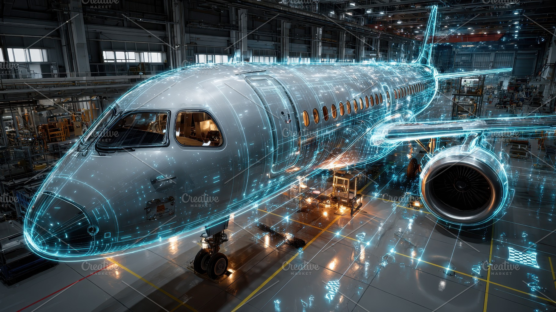 Airplane Assembly Digital Blueprint, a Photo by Pixeness Studio