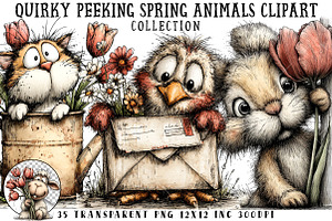 Quirky Peeking Spring Animals Clipar, an Illustration by OK Design
