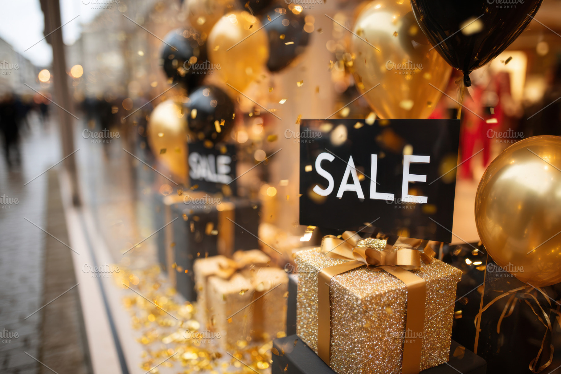 Black and Gold Sale Display with Gift Boxes, a Holiday Photo by AlyaAnd