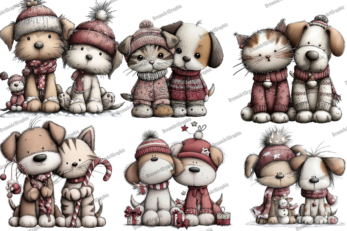 Whimsical Christmas Cat Dog Clipart, an Illustration by DreamArtGraphic (Photo 2 of 5)