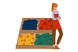 Greengrocer smiling at customers in, a Food Illustration by pikepicture