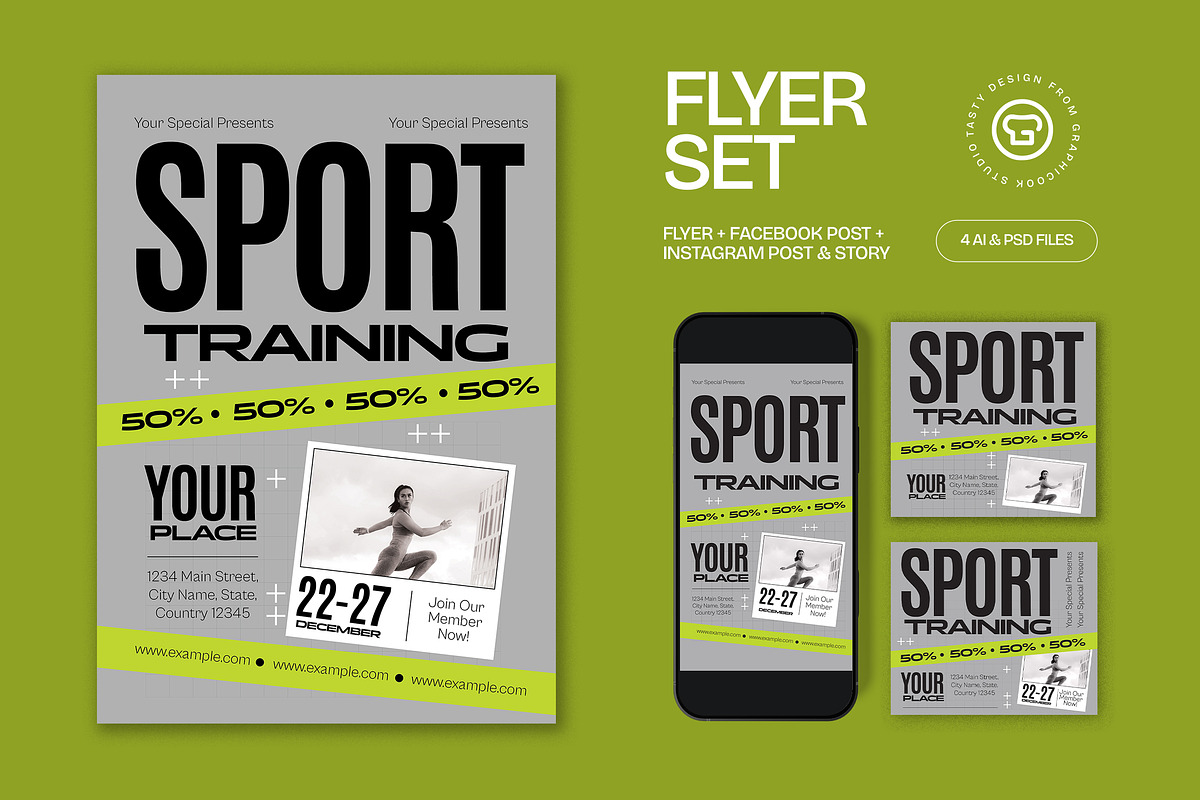 Gray Green Sport Training Flyer Set, a Flyer Template by graphicook (Photo 1 of 3)