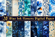 Blue Ink Flowers Digital Paper, an Illustration by CreationArt (Thumbnail 1 of 5)