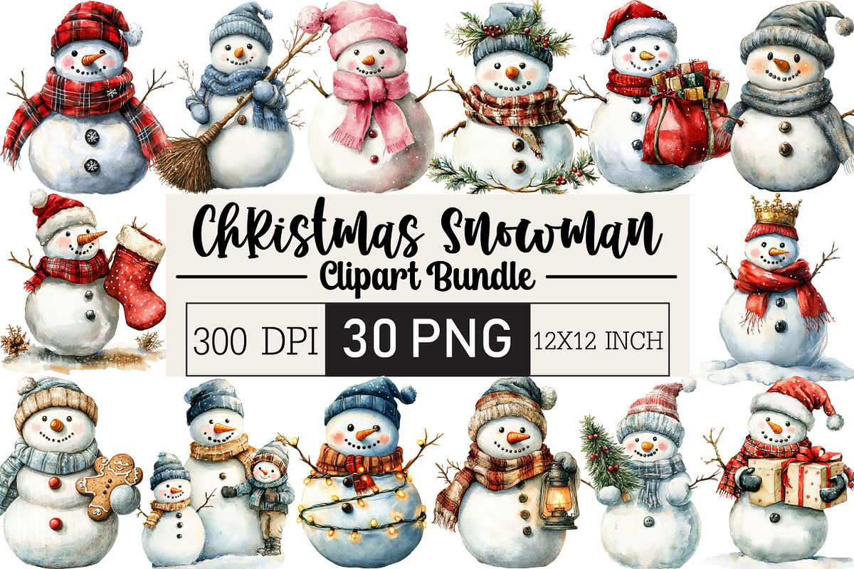 Christmas Snowman Clipart, an Illustration by Black Bird Studio (Photo 1 of 6)