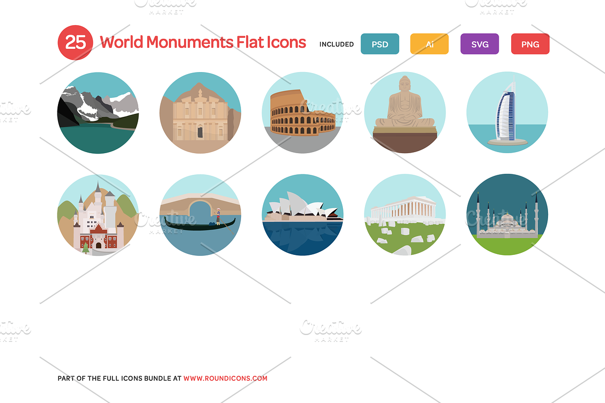 World Monuments Flat Icons Set preview 3