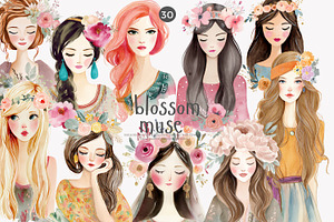 Watercolor boho women clipart set, a Decorative Illustration by Patishop Art