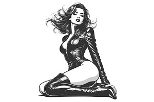 Stylish Woman in Black Leather, a Person Illustration by AlexArt