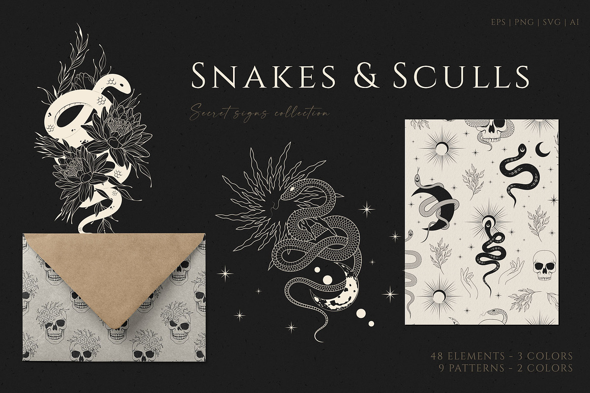 Hand Drawn Celestial Snakes & Sculls, an Animal Illustration by KirillsWorkshop (Photo 1 of 10)