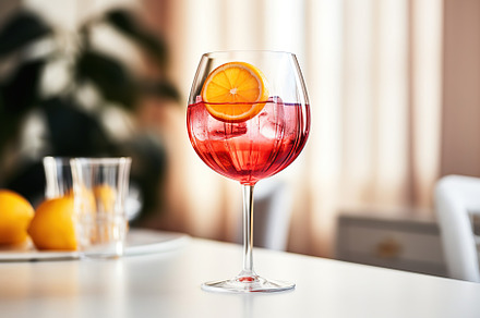 Alcohol cocktail in wineglass on kitchen table, a Food & Drink Photo by AlyaAnd