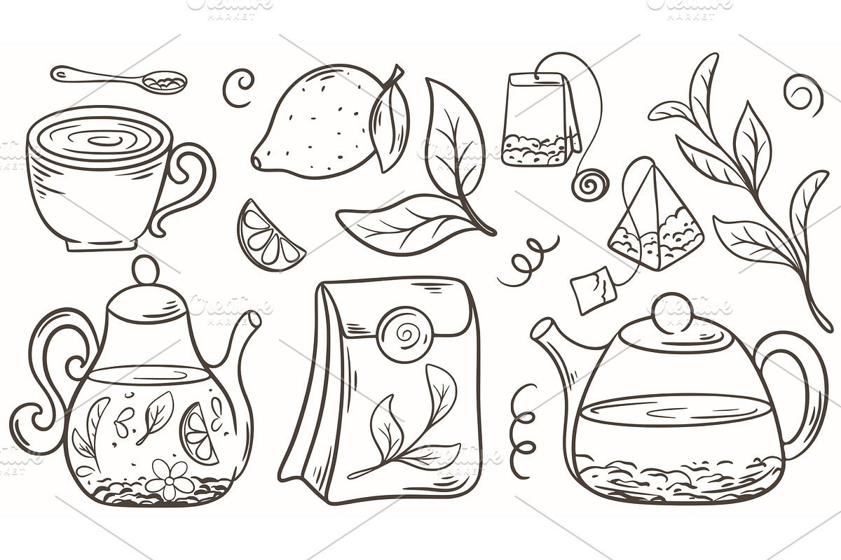 Tea set in doodle sketch style, a Food Illustration by Tati_Kli