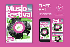 Pink Green Music Festival Flyer Set, a Flyer Template by graphicook