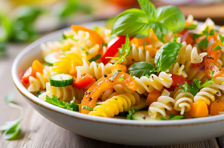 A vibrant pasta salad featuring spir, a Photo by Tanuart