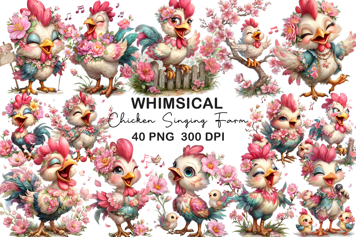 Floral Chicken Singing Farm Clipart, an Illustration by CraftArtStudio (Photo 1 of 6)