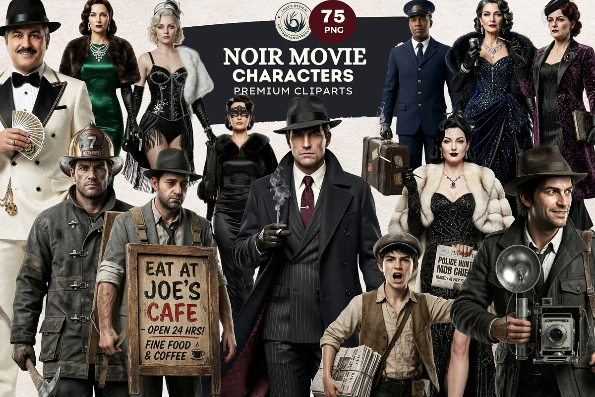 Noir Movie Characters Cliparts, a Decorative Illustration by ThatsDesignArt (Photo 1 of 11)