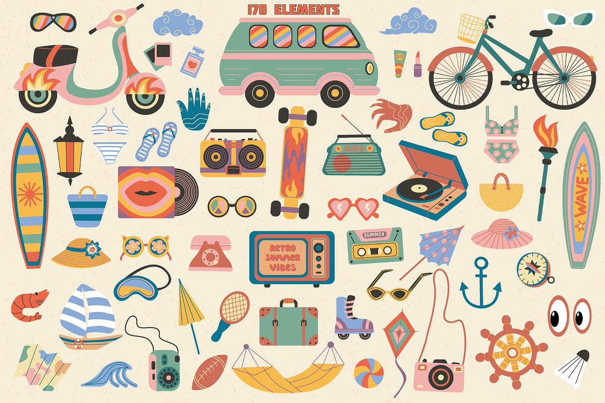 Retro Summer Vibes Clipart Pack, an Object Illustration by IRSYART (Photo 2 of 15)