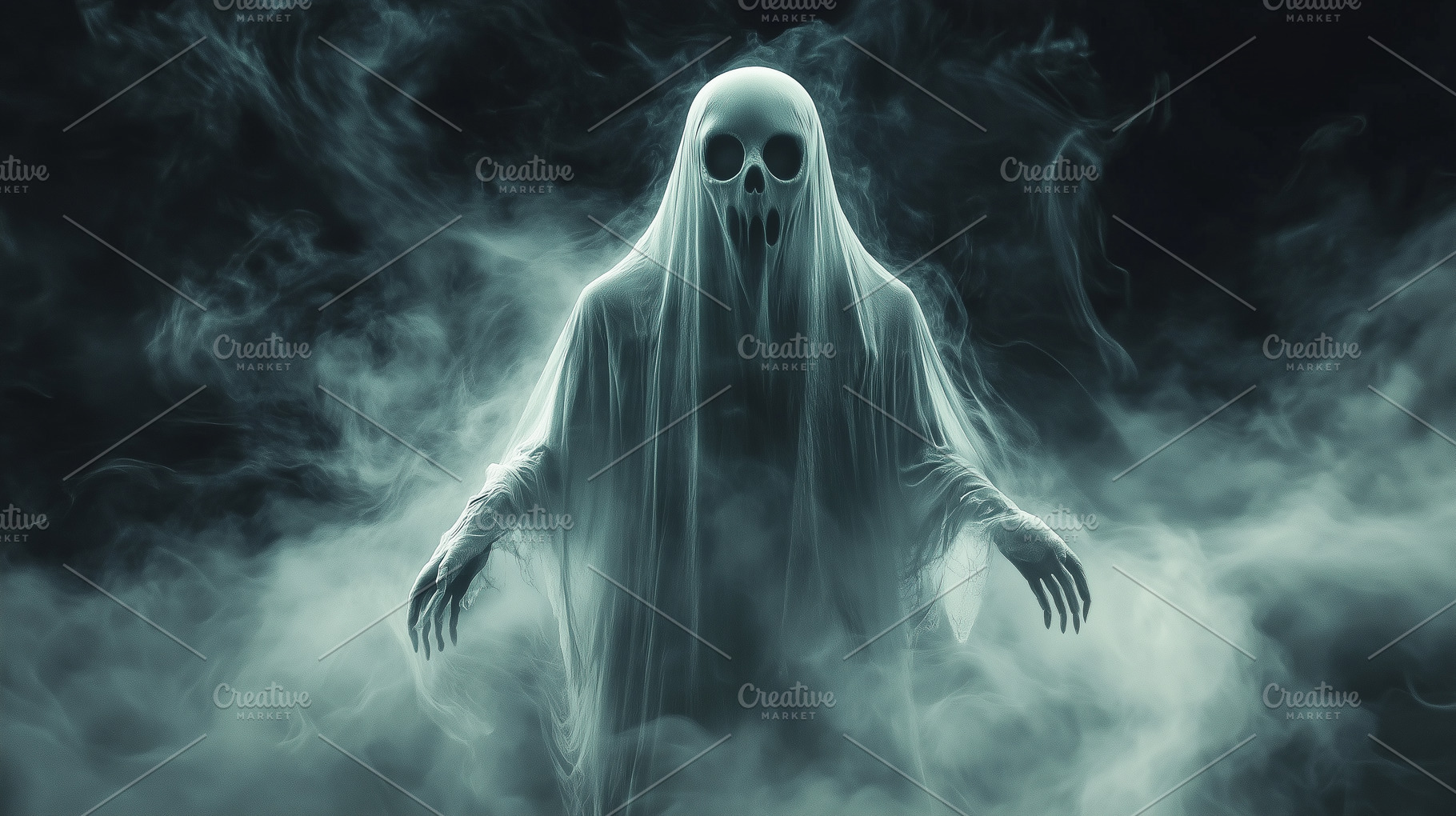 Scary ghost walks in smoke and mist, a Background Photo by MistyDay