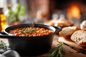 Hearty vegan lentil stew simmering in a cast iron pot with fresh herbs on a rus, a Food & Drink Photo by AlyaAnd
