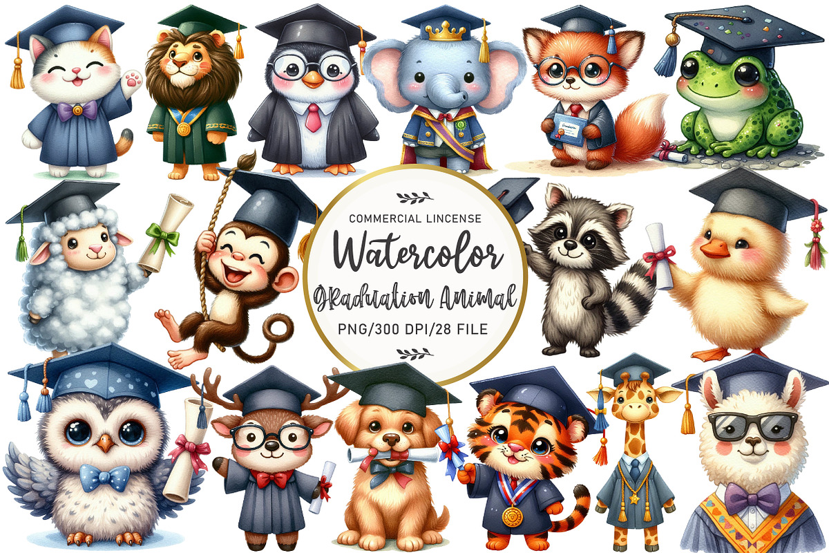 Graduation Cute Animal Clipart, an Illustration by OK Design