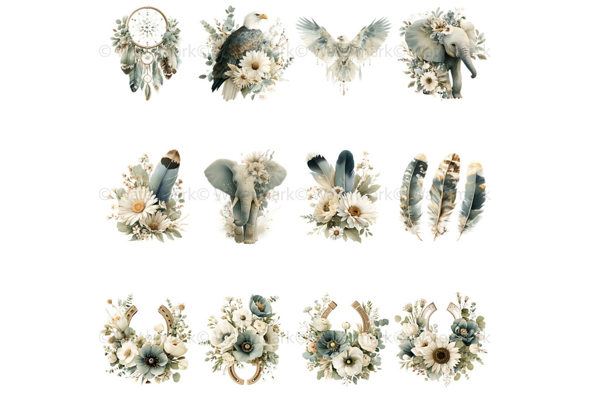 Green Boho Flower Clipart Bundle, a Decorative Illustration by Nicole Branger Art (Photo 6 of 20)