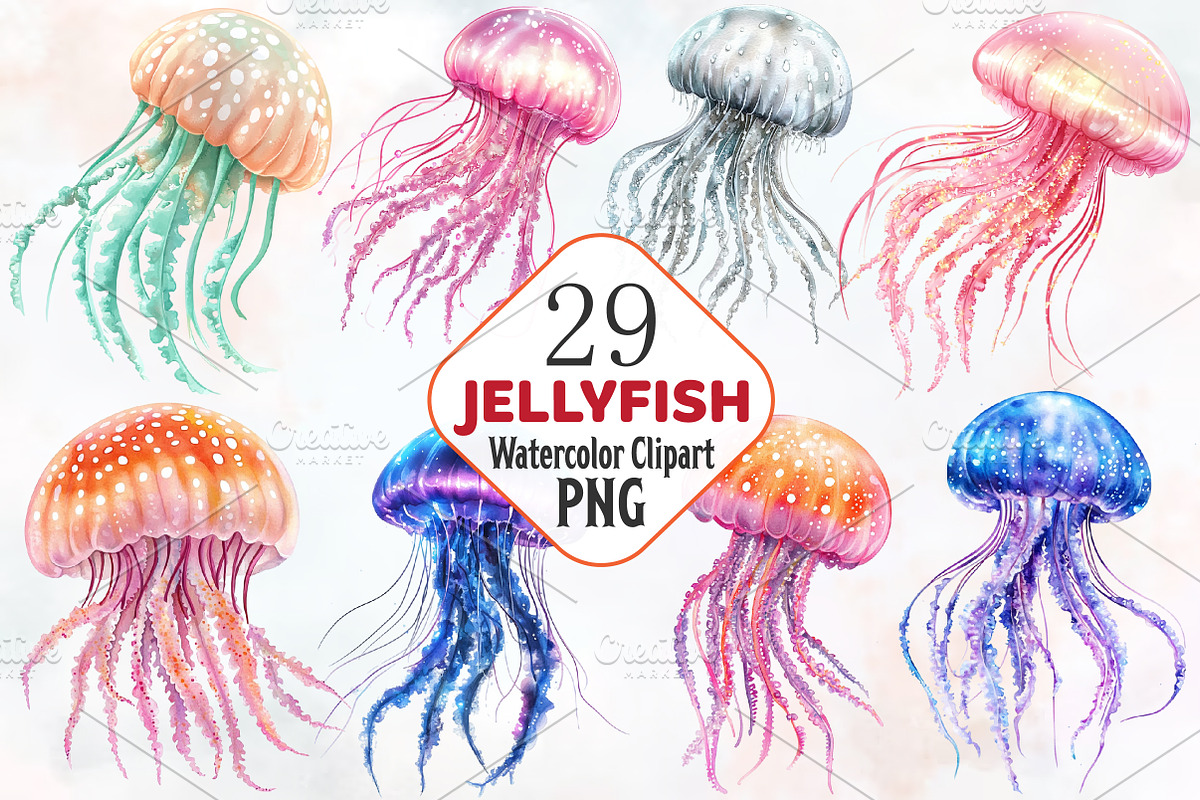 jellyfish, watercolor, cliparts, sea, an Illustration by RobertsArt (Photo 1 of 7)