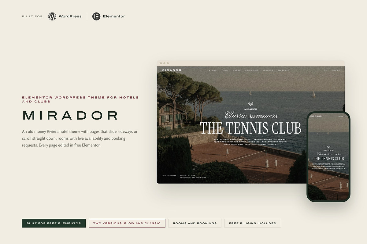 Tennis Club & Hotel Elementor Theme, a WordPress Template by Tomasz Ganclerz (Photo 1 of 21)