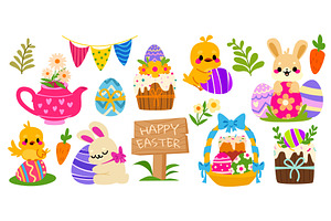 Easter bunny, chick and colored eggs, an Illustration by art PVP - market
