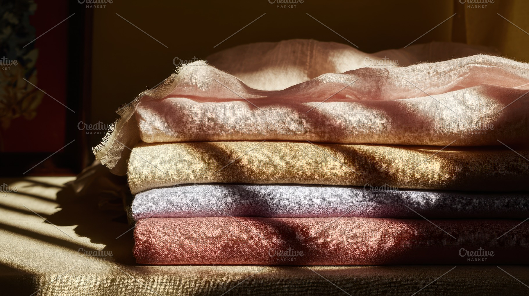 Stacks of folded linen cloth resting, a Photo by Pavel_design