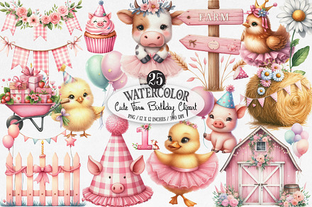 Watercolor Cute Farm Birthday PNG