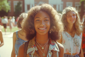 A joyful young woman with curly hair smiles brightly in a sunny outdoor setting, a Person Photo by ImageMir