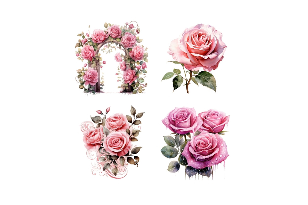 Watercolor Pink Rose Clipart, a Decorative Illustration by HoneyBunnyDigital (Photo 7 of 7)
