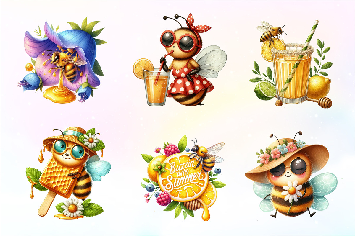 Cute Bee Summer Watercolor Clipart, an Illustration by CreationArt (Photo 5 of 9)