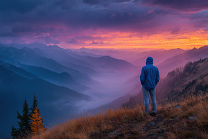 Majestic Mountain Sunset Solo Hiker, a Photo by Pixeness Studio