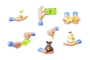 3d Hands Holding Cash Money, Bag