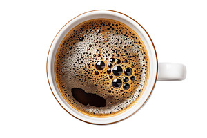 Flat lay of cup of coffee on white background, a Food & Drink Photo by AlyaAnd