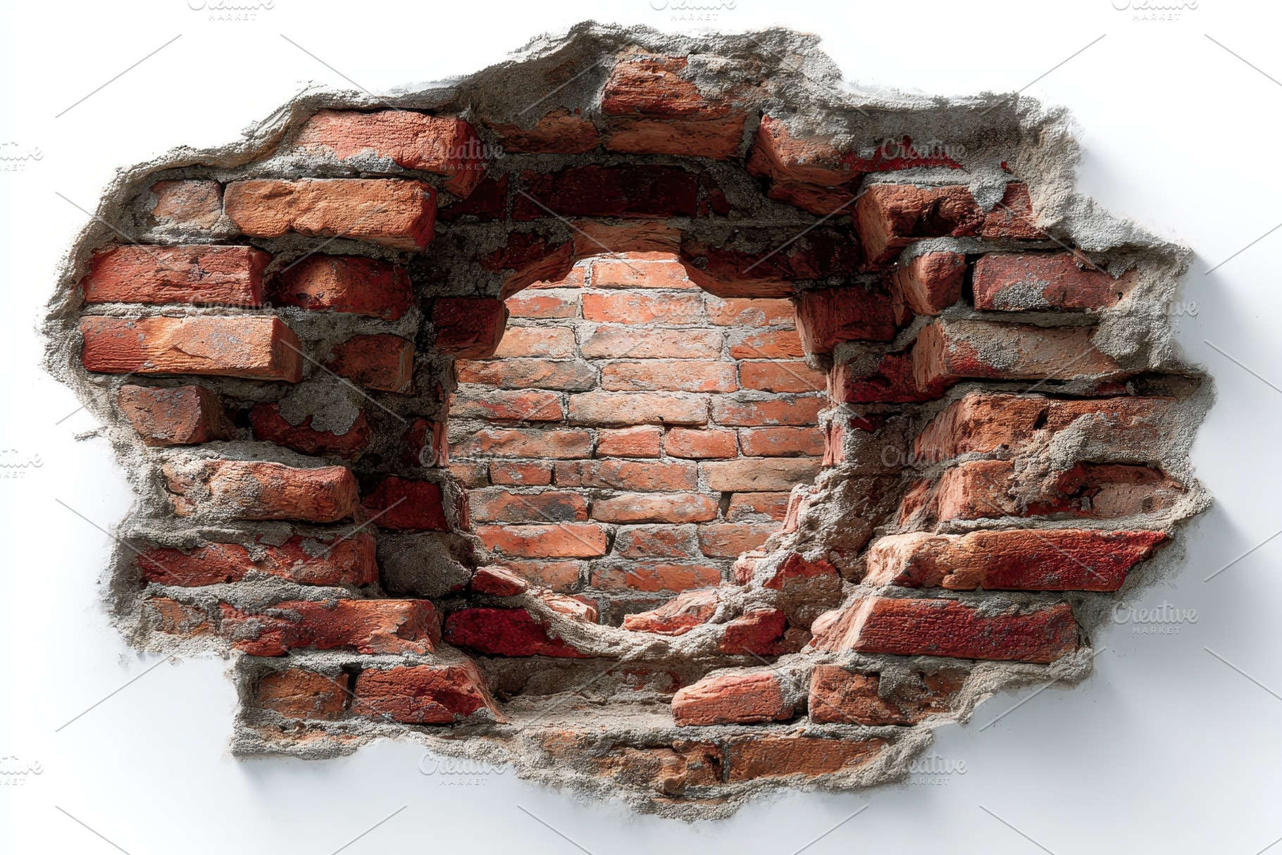 Hole in old brick wall revealing int, a Photo by Pixeness Studio