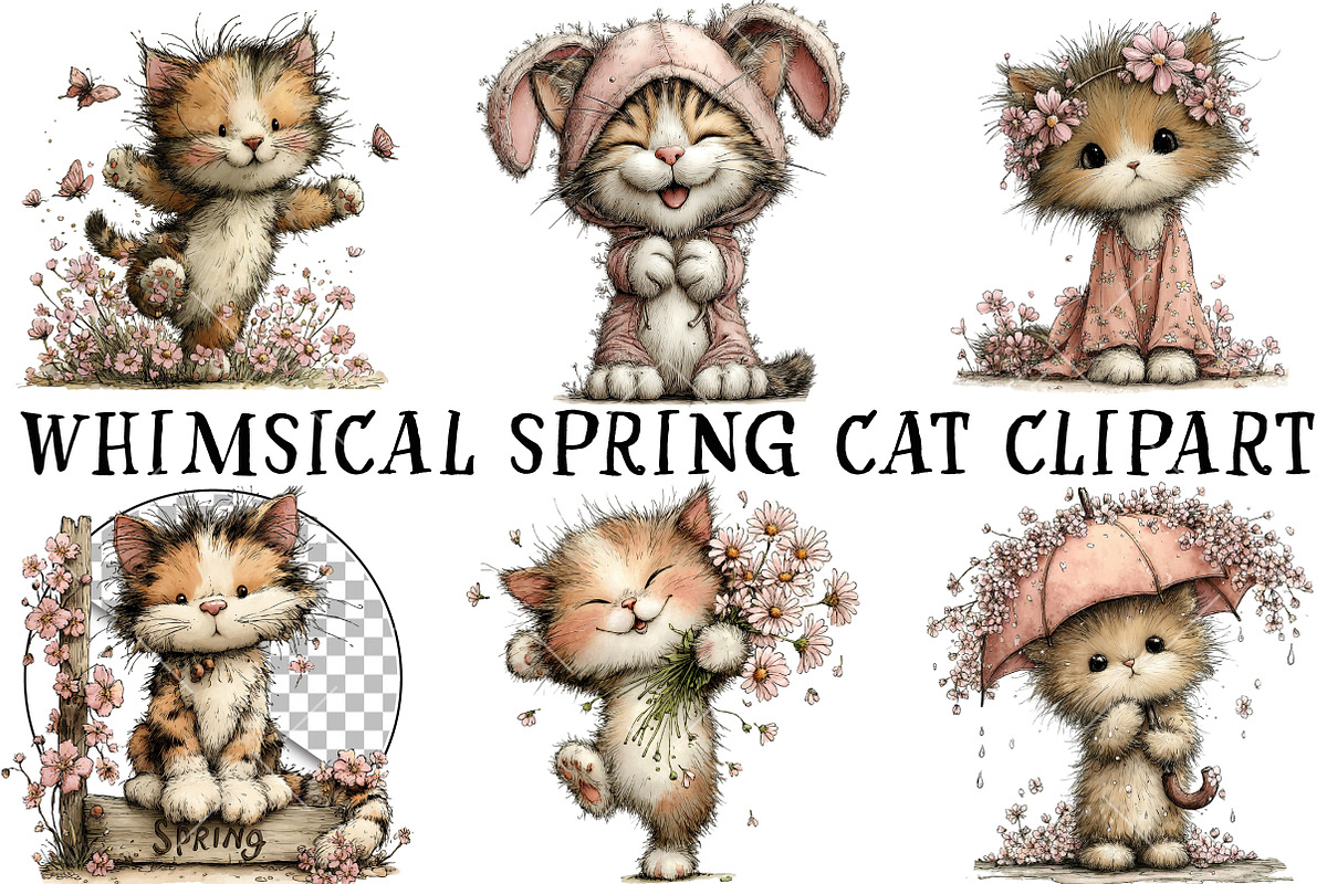 Whimsical Spring Cat Clipart, an Illustration by OK Design (Photo 2 of 6)