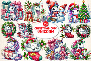 Christmas Cute Unicorn Clipart, an Illustration by DreamArtGraphic