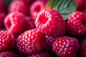 Close-up of vibrant red raspberries with a green leaf, showcasin, a Food & Drink Photo by ImageMir