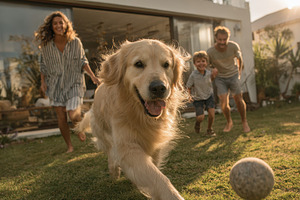 Golden Retriever Family Fun Backyard, a Photo by Pixeness Studio