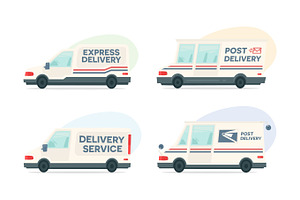 Set Of Cartoon Delivery Post Car. Vector Courier And Shipping Symbol. Vector Auto, Trailer And Van Design Template. Isolated Objects On White Backgrou