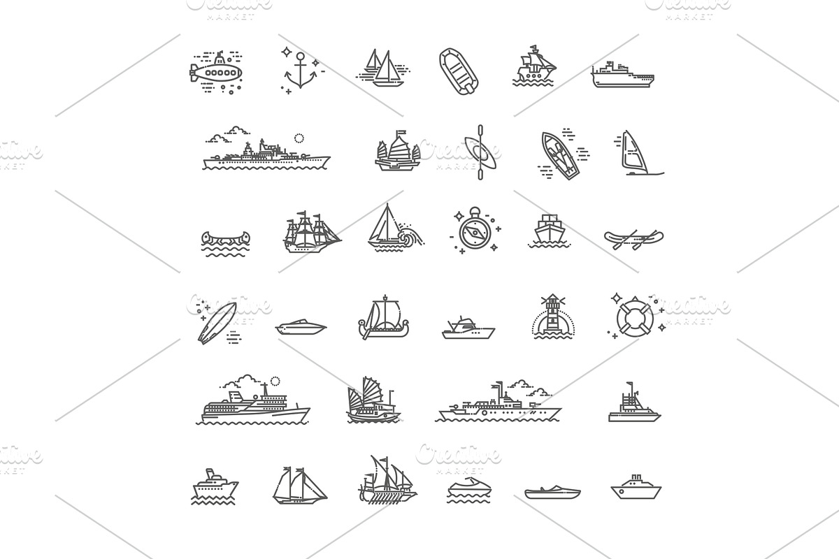 Ships - set of modern vector icons, a Transportation Illustration by Tettygreen